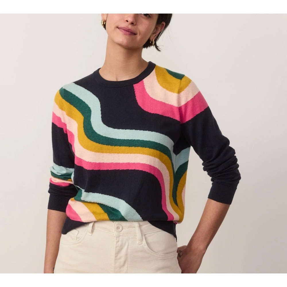 Marine Layer Womens XL Wavy Abstract Stripe Cotton Crewneck Sweater Multi Color
